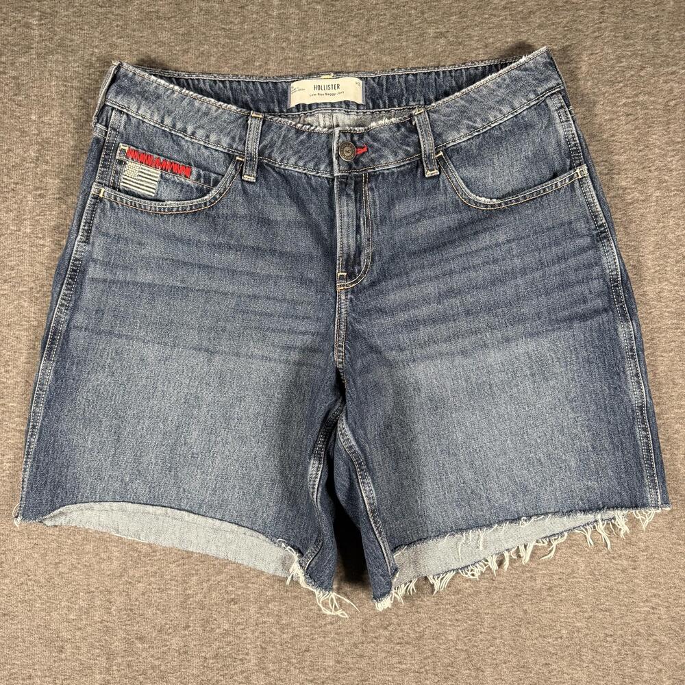 Hollister Jorts Womens 14 W32 Low Rise Baggy Denim Shorts Flag Raw Hem Blue Y2K